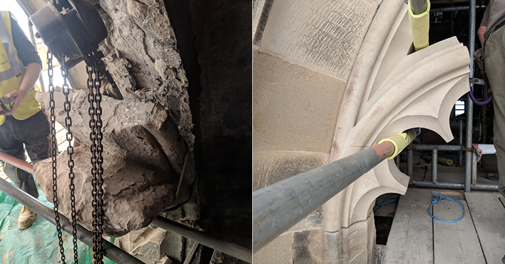 Image showing before and after of work by stonemasons at Durham Cathedral